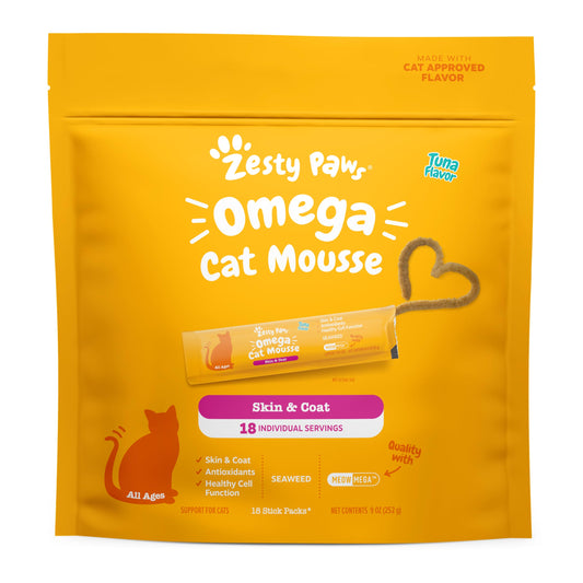 Zesty Paws Omega Cat Mousse Squeezable Cat Treats - with Seaweed, Omega Fatty Acids, Antioxidants Vitamins & Minerals - Skin & Coat Support for Cats - Tuna Fish Flavor - 18 Count