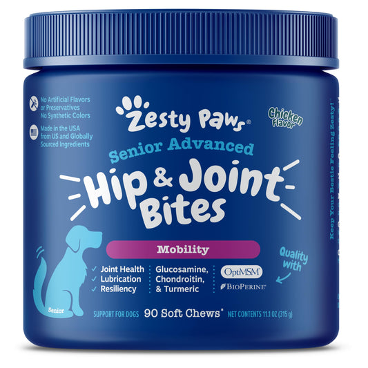 Zesty Paws Mobility Bites Joint Supplement for Dogs - Hip and Joint Chews for Dogs - Glucosamine for Dogs, Chondroitin, & MSM + Vitamins C and E for Dog Joint Relief - Adv Chicken - 90 Count