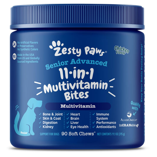 Zesty Paws Senior Dog Multivitamin Treats - Glucosamine for Dogs + Digestive Enzymes & Probiotics - Grain Free Dog Vitamins for Skin & Coat + Immune Health Chicken - Advanced - 90ct