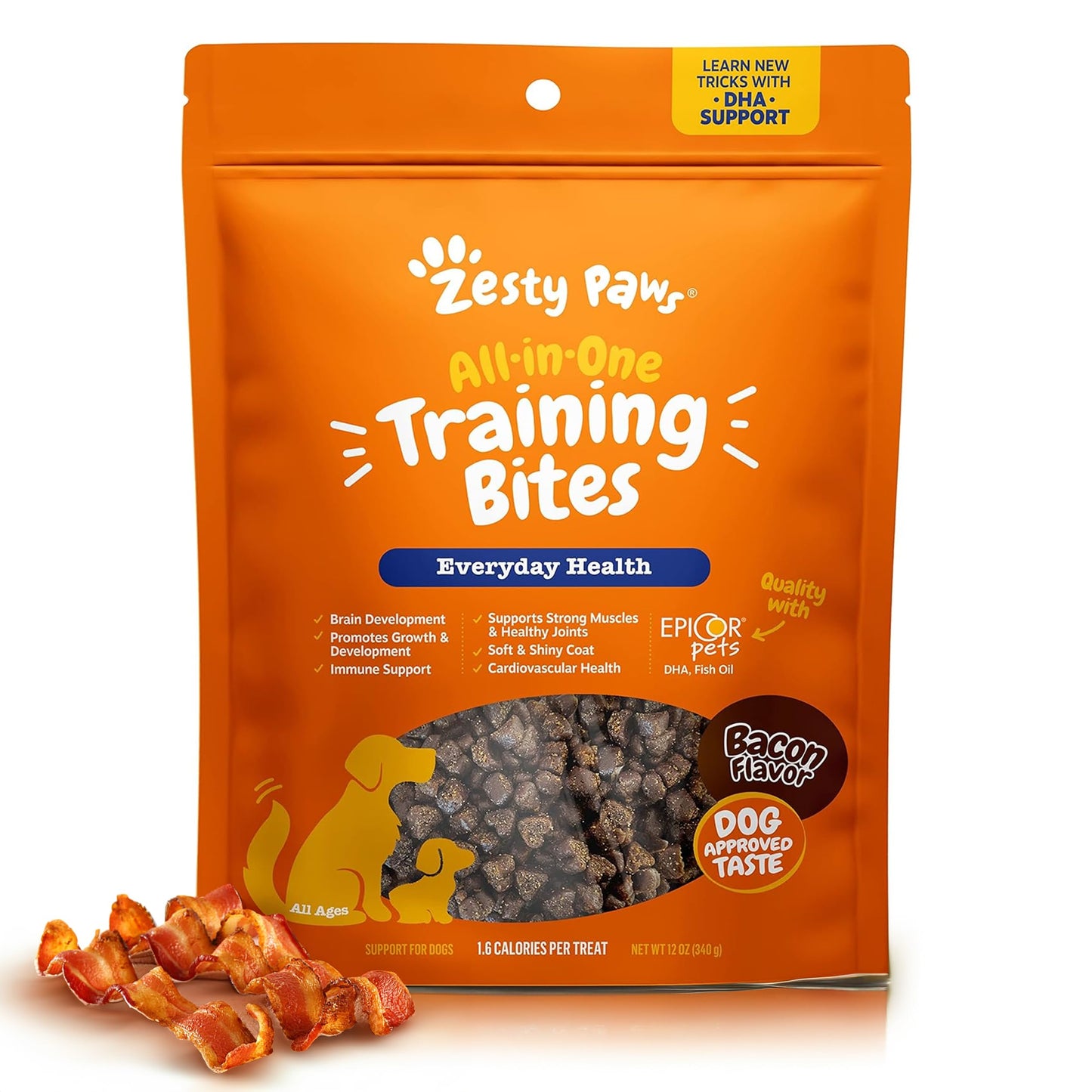 Zesty Paws Training Treats for Dogs & Puppies - Hip, Joint & Muscle Health - Immune, Brain, Heart, Skin & Coat Support - Bites with Fish Oil Omega 3 Fatty Acids with EPA & DHA - Bacon Flavor - 12oz