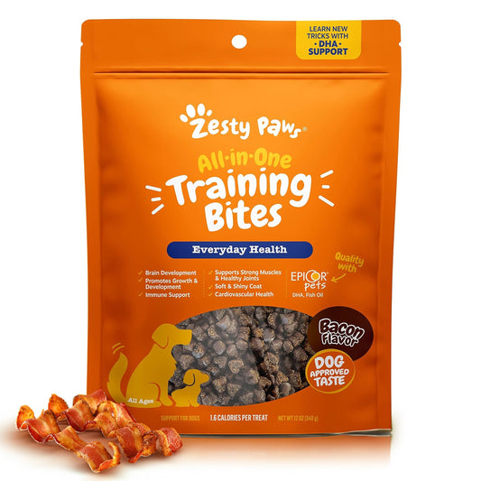 Zesty Paws Training Treats for Dogs & Puppies - Hip, Joint & Muscle Health - Immune, Brain, Heart, Skin & Coat Support - Bites with Fish Oil Omega 3 Fatty Acids with EPA & DHA - Bacon Flavor - 12oz