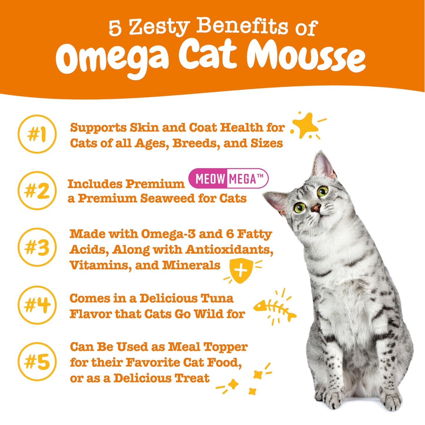 Zesty Paws Omega Cat Mousse Squeezable Cat Treats - with Seaweed, Omega Fatty Acids, Antioxidants Vitamins & Minerals - Skin & Coat Support for Cats - Tuna Fish Flavor - 18 Count