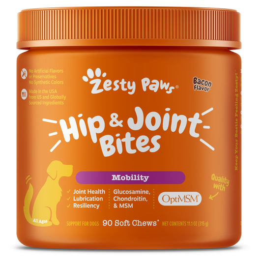 Zesty Paws Hip and Joint Supplement for Dogs - Glucosamine for Dog Joint Supplement - with Chondroitin, MSM, Vitamins C and E for Dog Joint Relief - Mobility Bites Bacon – 90 Count