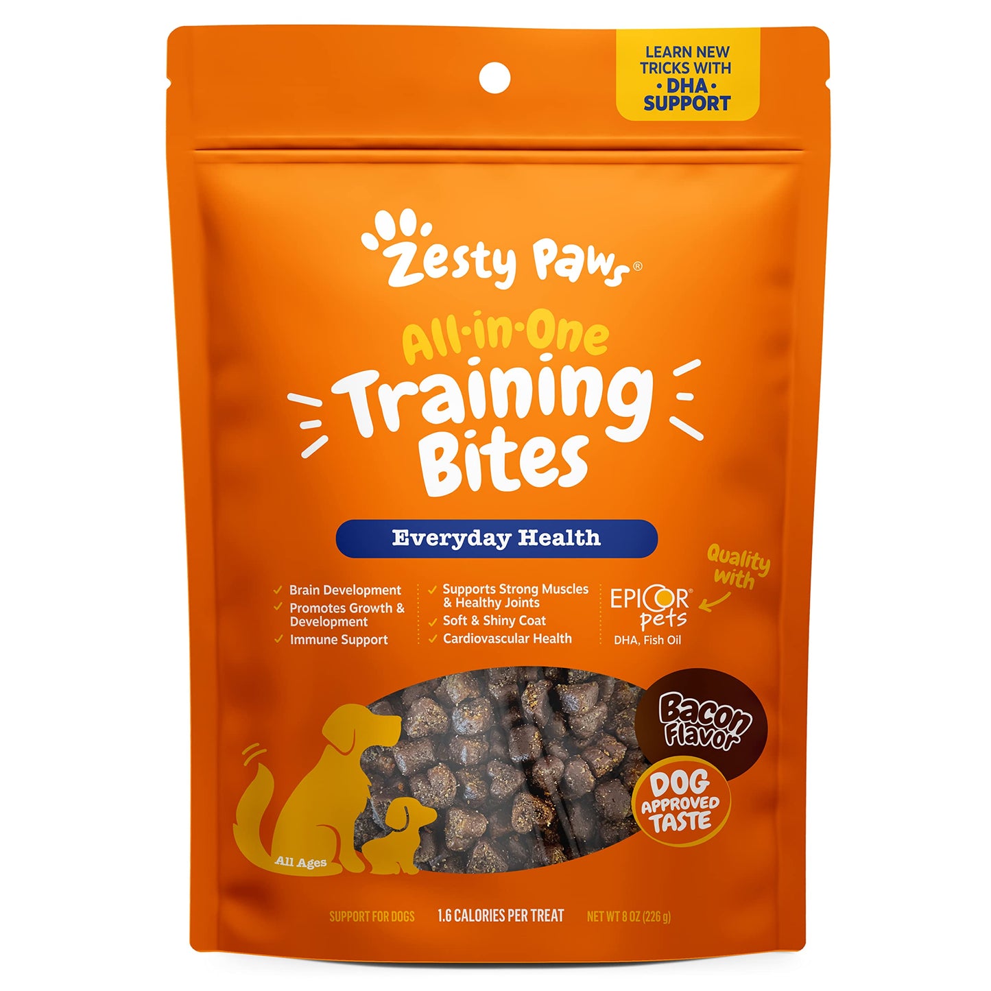 Zesty Paws Training Treats for Dogs & Puppies - Hip, Joint & Muscle Health - Immune, Brain, Heart, Skin & Coat Support - Bites with Fish Oil Omega 3 Fatty Acids with EPA & DHA - Bacon Flavor - 12oz